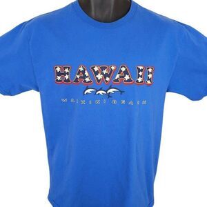 Vintage Waikiki Beach T Shirt Mens Size Medium Blue Y2K Hawaii Dolphins